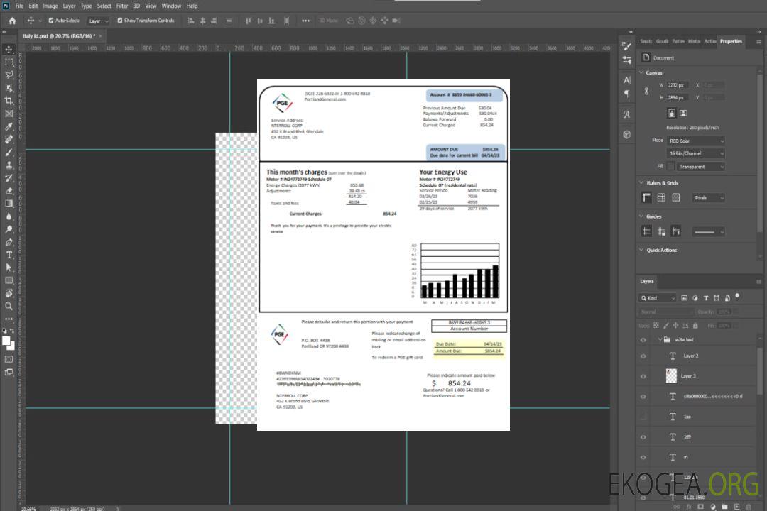 Facture commerciale du service public d'électricité PGE de l'Oregon, SCR template